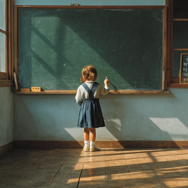 Korean Schoolgirl Writing at Chalkboard Sejong City