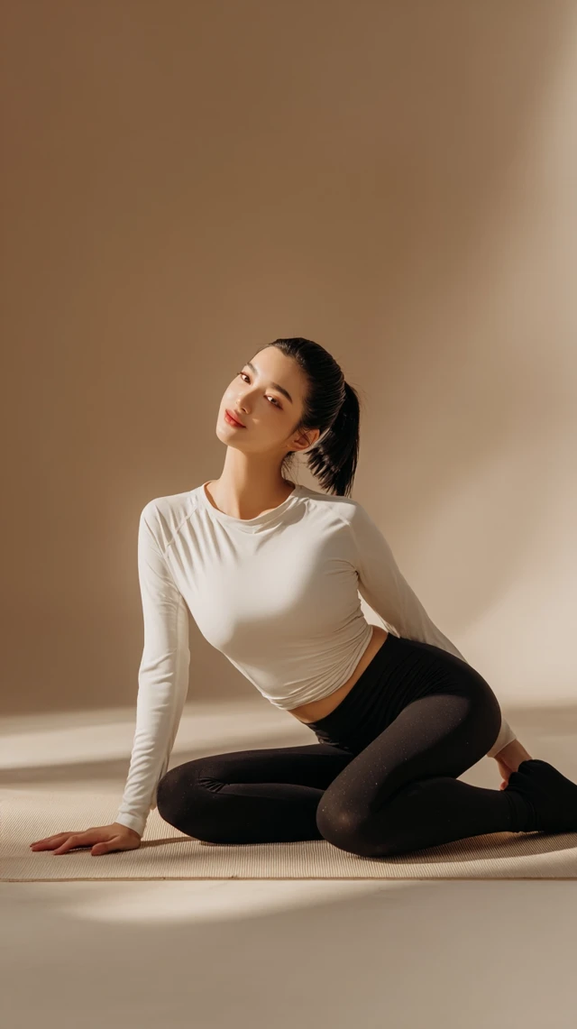 Korean Woman in Workout Clothes Posing on Yoga Mat