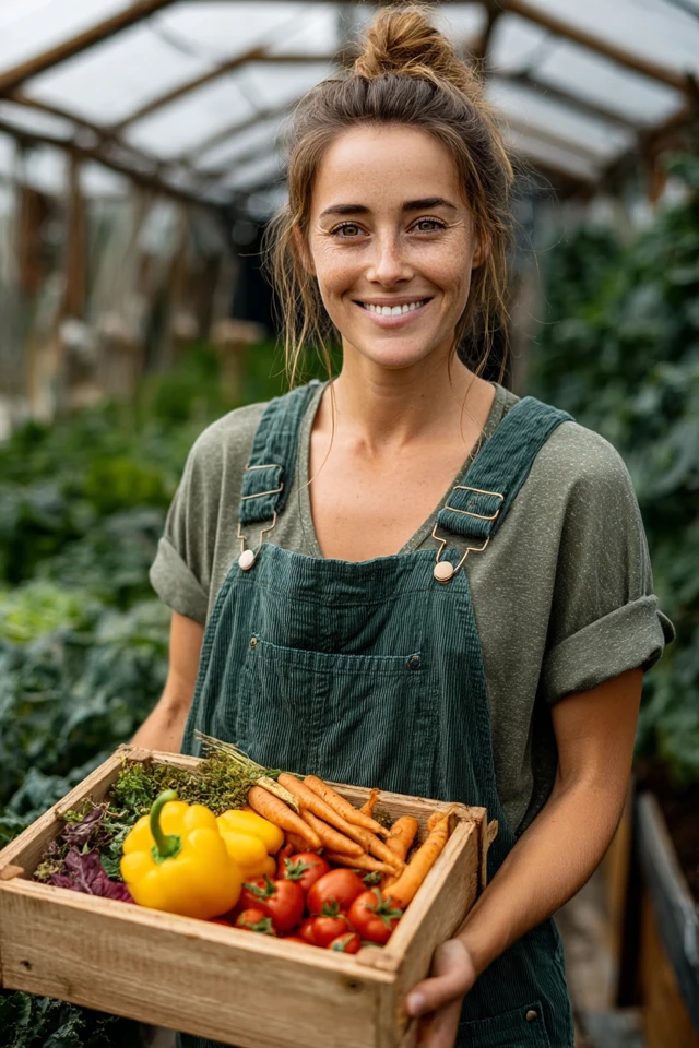Happy Woman Gardener with Fresh Vegetables