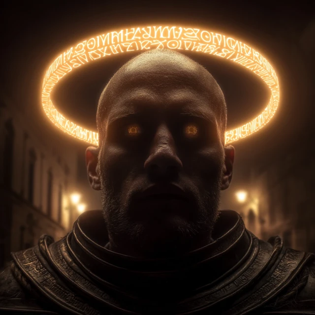 Mystical Man with Glowing Halo and Golden Eyes