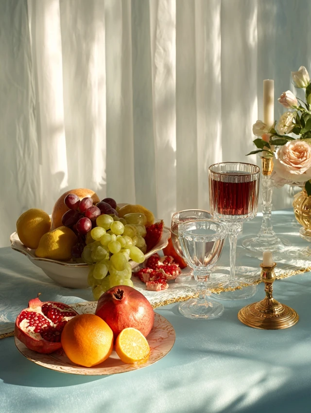 Still Life Table Setting with Fruits and Wine