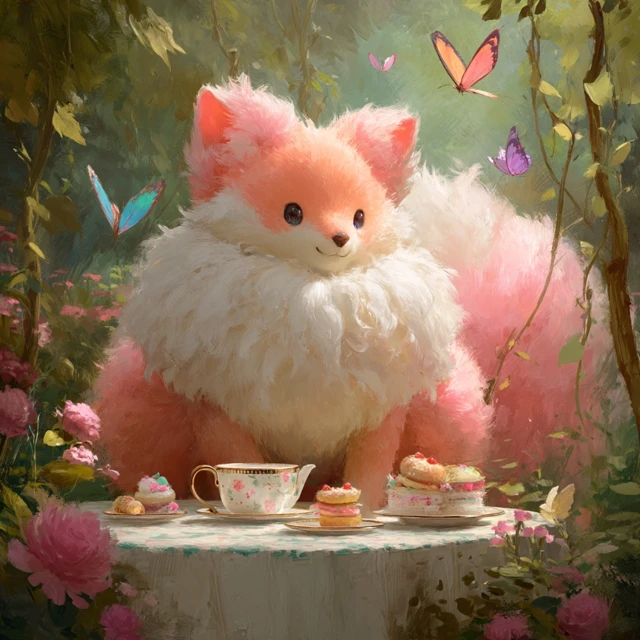 Cartoon Fox Tea Party in a Garden Pink and White