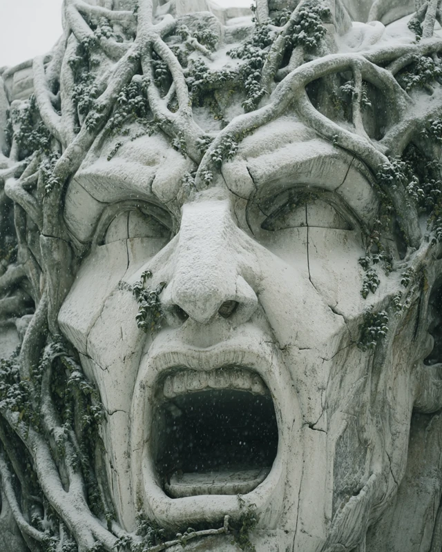 Screaming Statue in Snow Beksinski Style