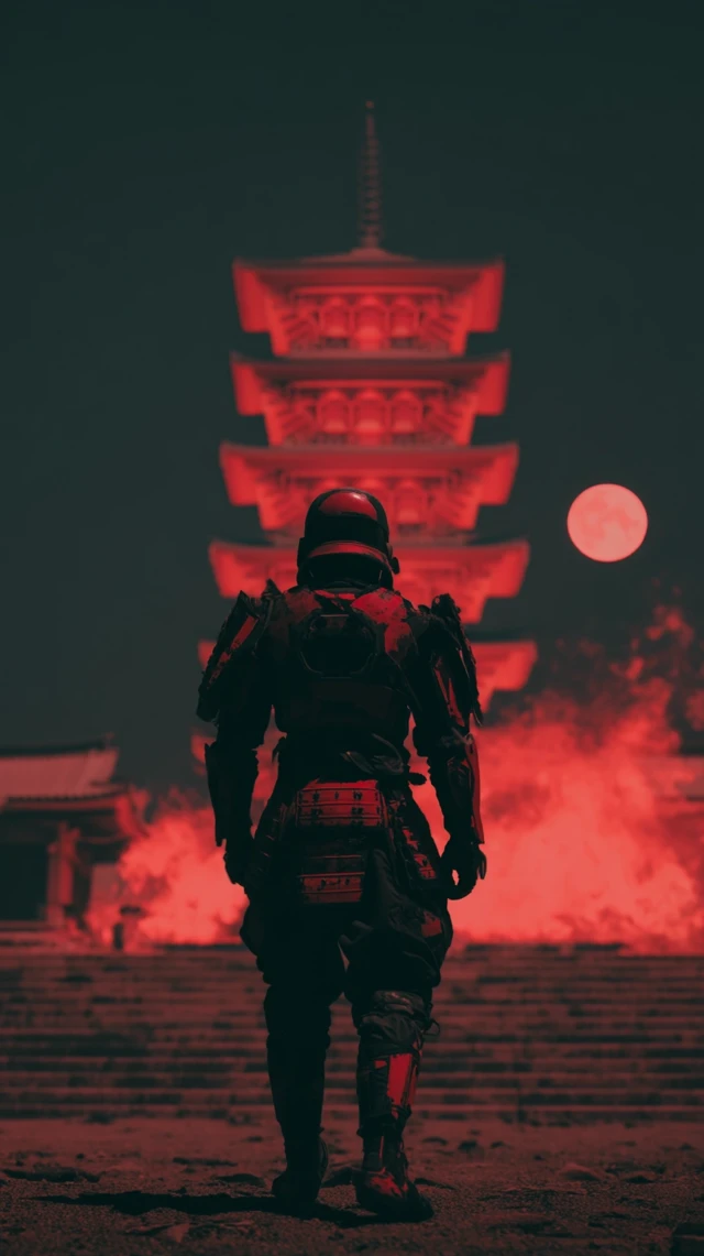 Futuristic Samurai at Burning Temple Red Moon Night