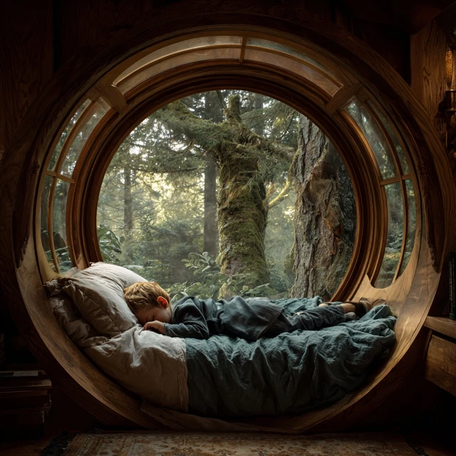 Boy Asleep in Cozy Room with Forest View
