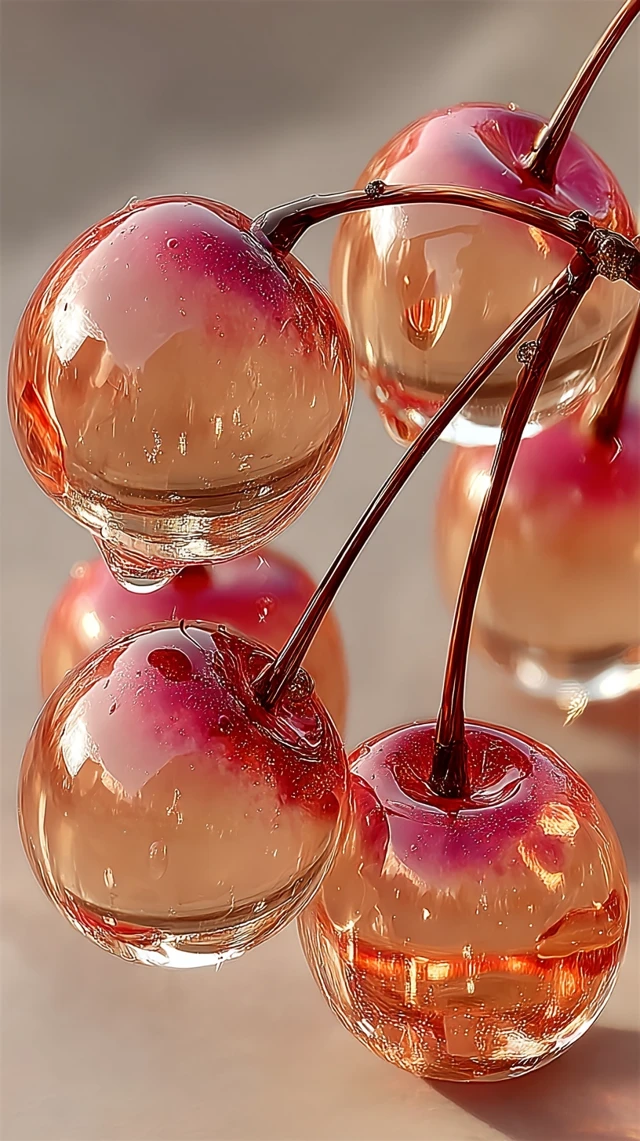 Glass Peaches: Photorealistic Macro Shot with Dewdrops