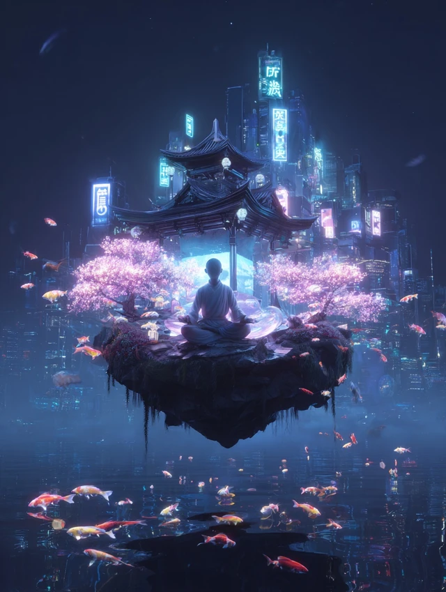 Cyberpunk Asian Temple Meditation Art 4K