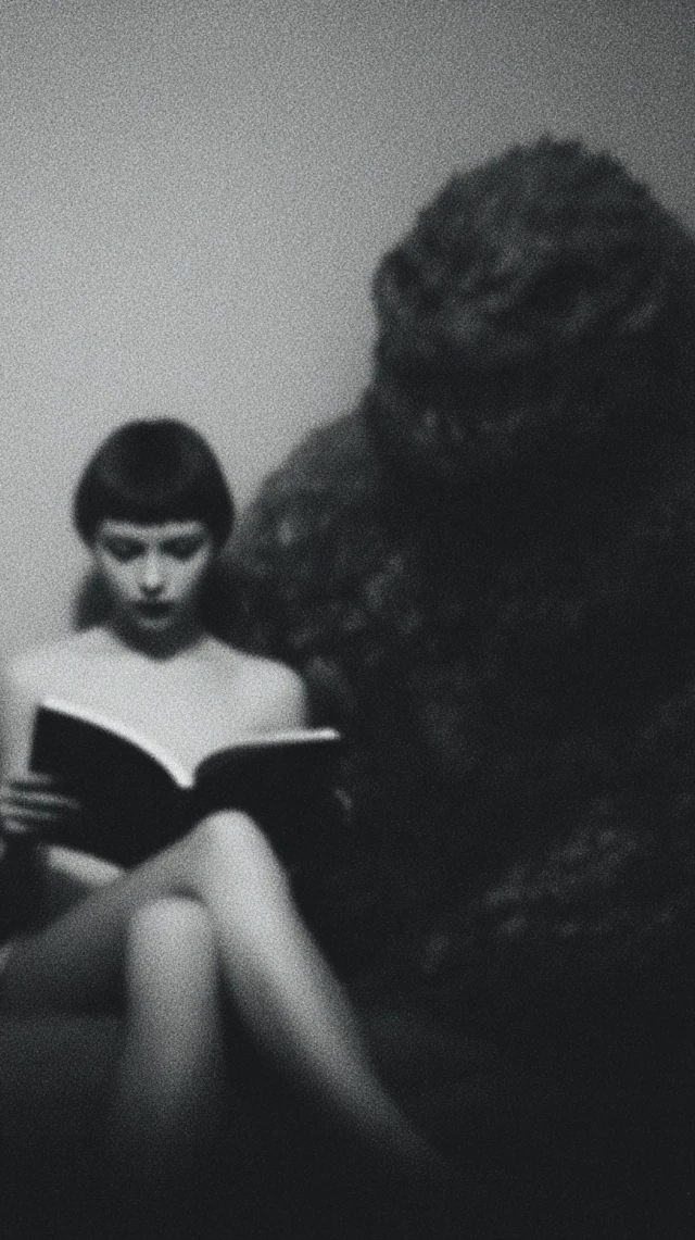 Woman and Monster Reading Black and White Photo