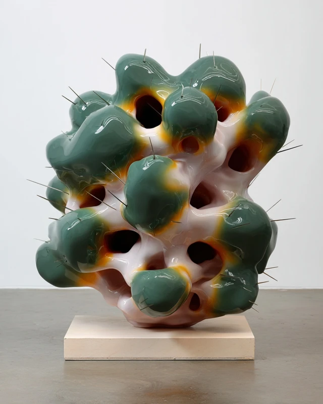 Abstract Ceramic Sculpture with Neon Orange Edges