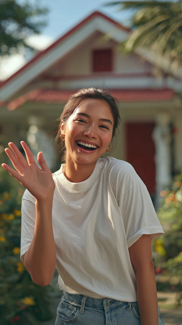 Filipino Woman Smiling Happy in Front of House