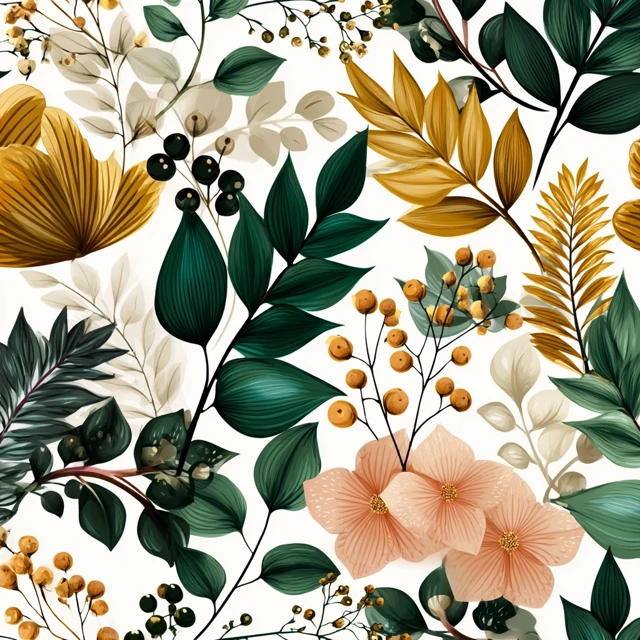 Botanical Pattern Green Yellow Peach Leaves