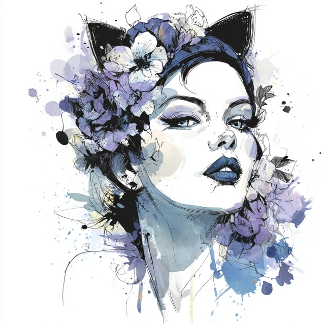 Catwoman with Flowers Sketchy Watercolor Art