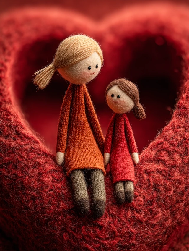 Mother and Daughter Dolls on Red Wool Heart