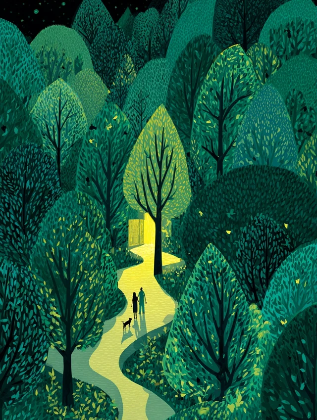 Enchanted Forest Illustration Dreamy Walk at Night