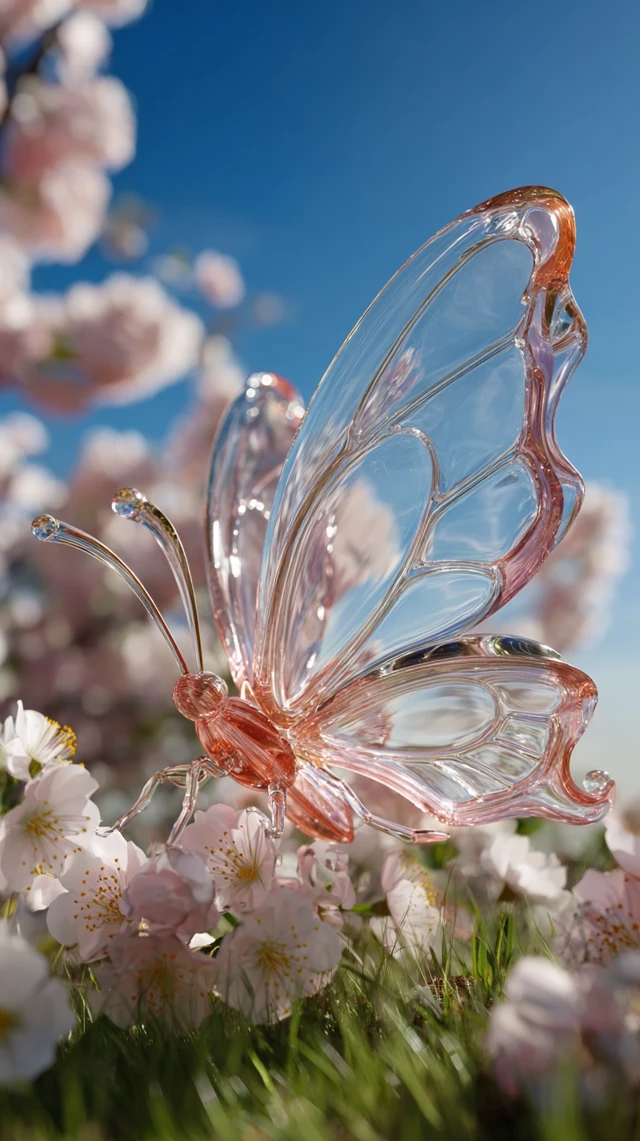 Glass Butterfly in Springtime Flowers