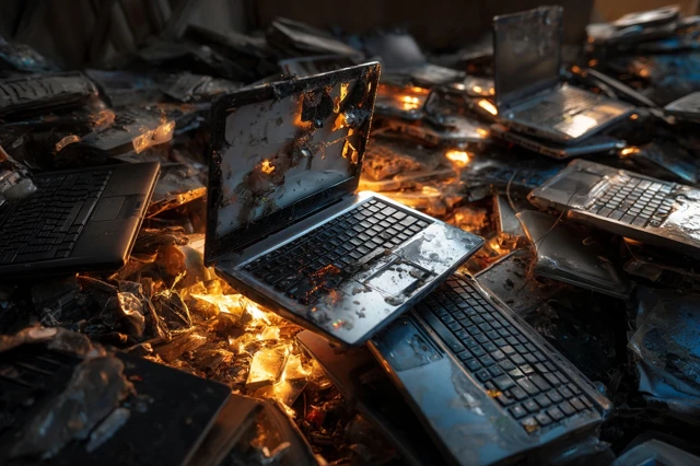 Damaged Laptop Dump Sunlight Day Wide Top View