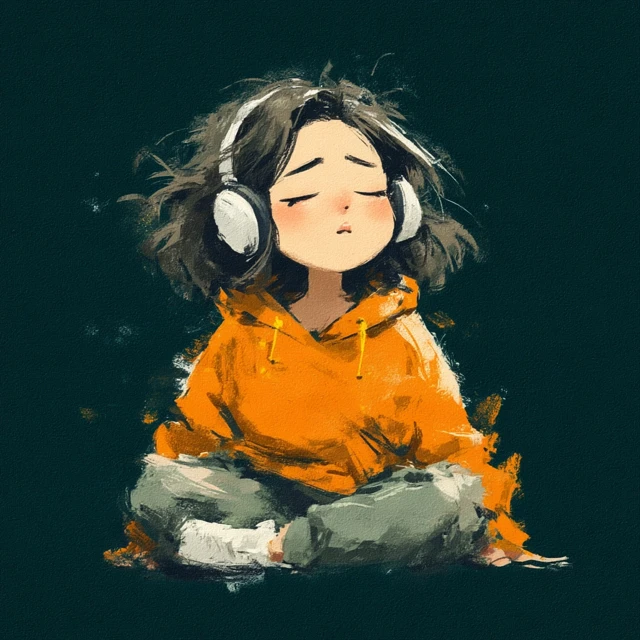 Cute Cartoon Girl with Headphones Listening to Music