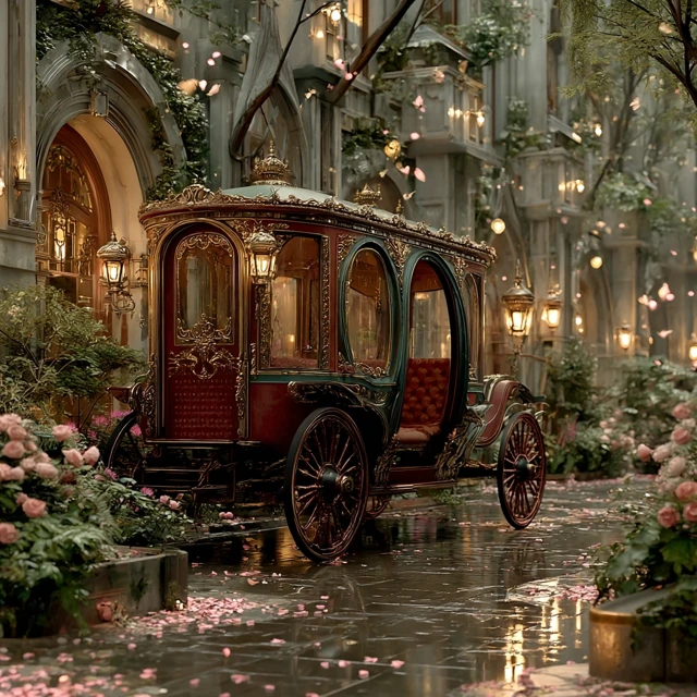 Elegant Carriage in Courtyard Romantic Scene