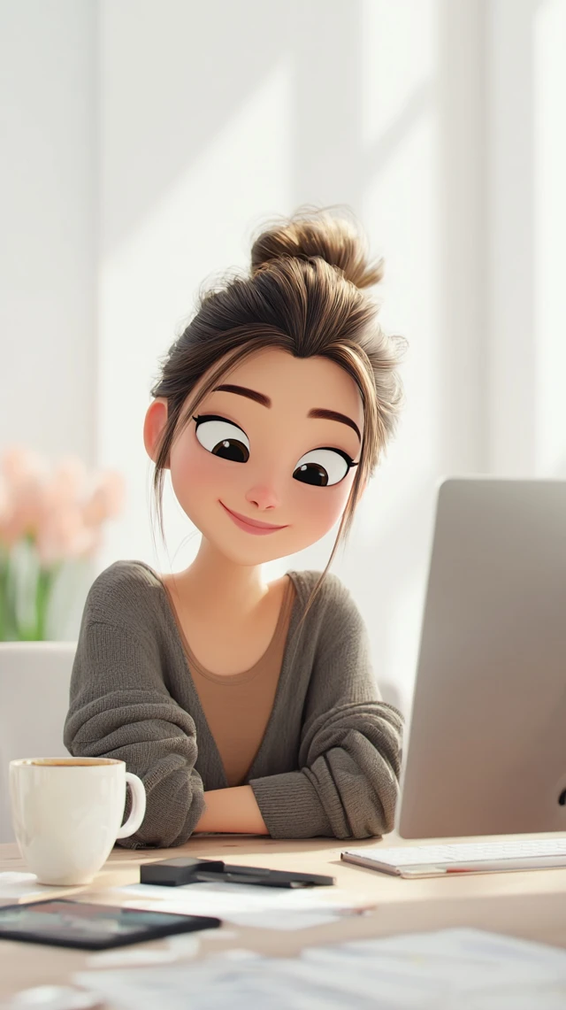 Cute 3D Cartoon Asian Girl Working Smiling At Desk