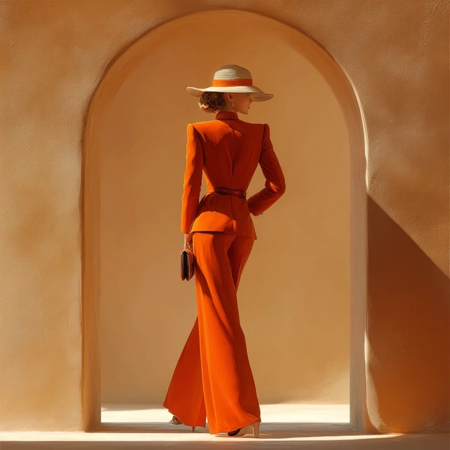 Elegant Vintage Woman in Orange Pantsuit