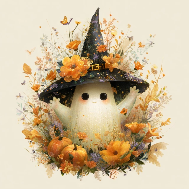Cute Cartoon Ghost in Witch Hat Halloween Illustration