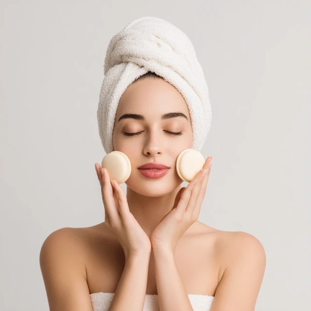 Skincare Routine: Woman Applying Cream with Sponges