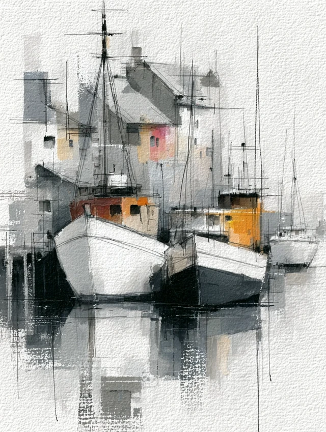 Fishing Boats Sketch Art Minimalism