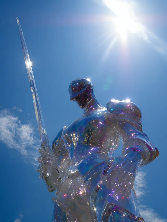 Metallic Warrior in Crystal Armor Under a Blue Sky