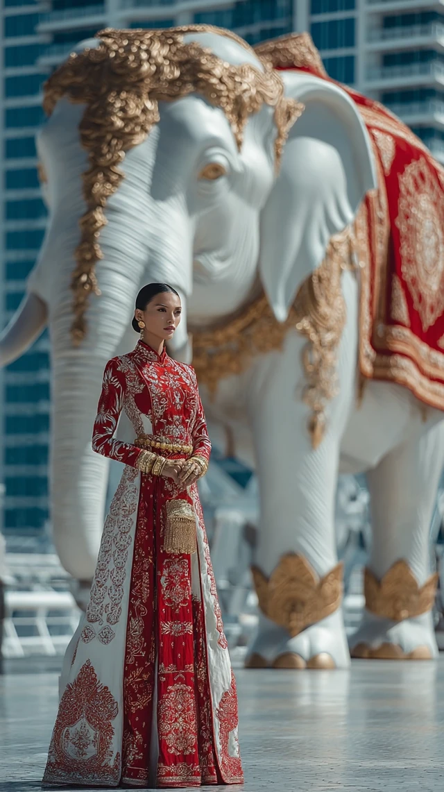 Thai Woman in Royal Dress with White Elephant