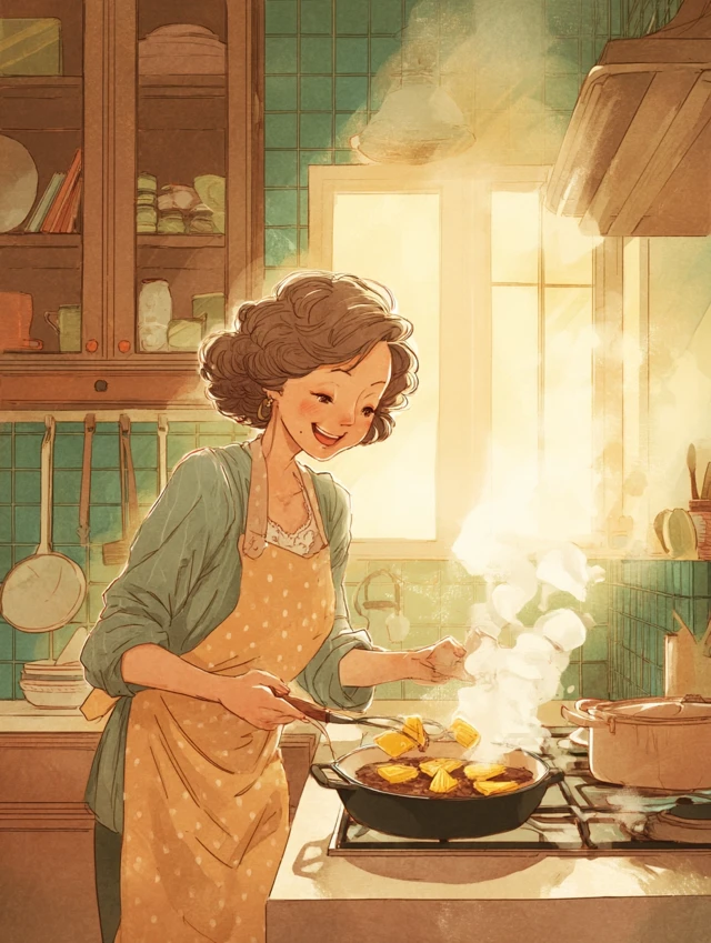 Woman Cooking in Kitchen Watercolor Illustration