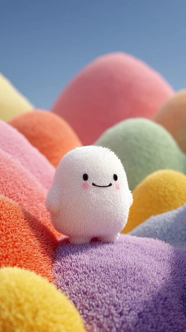 Cute Fluffy Character in Pastel Landscape