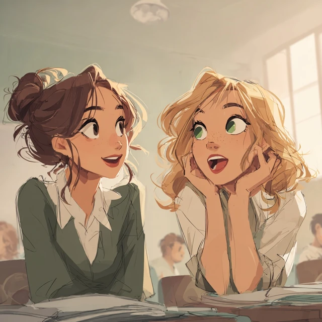 Two Girls Chatting in Classroom Illustration
