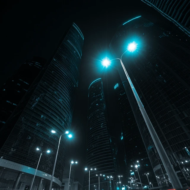 Minimalist Cityscape at Night with Cyan Light