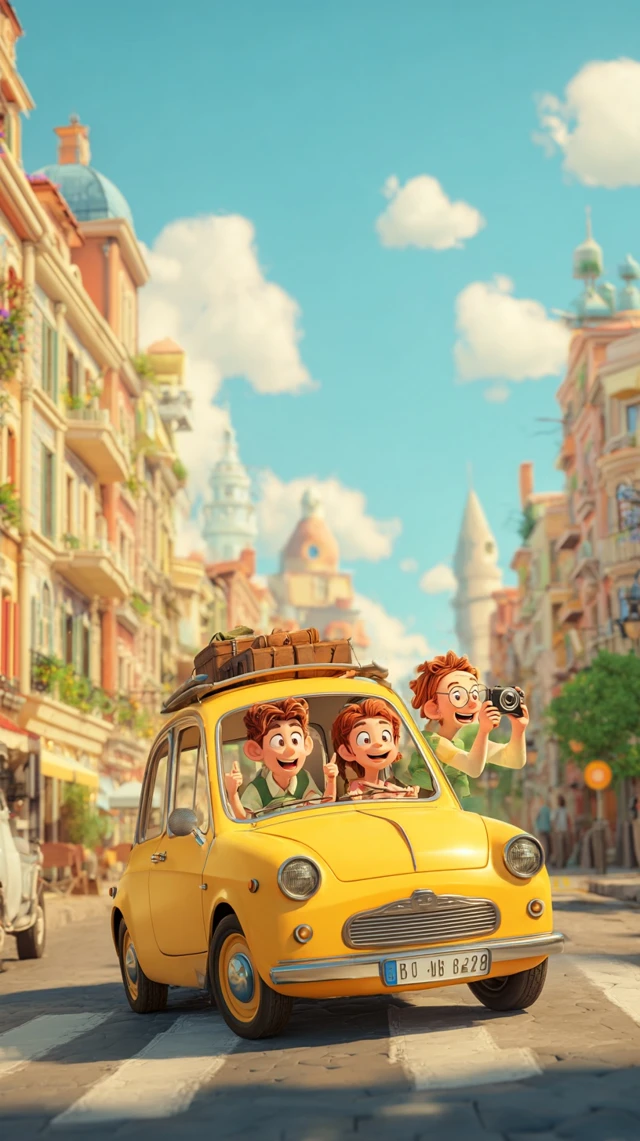 Pixar Style Children in a Yellow Car