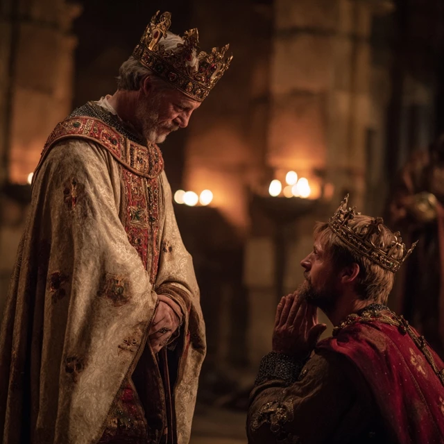 Medieval Emperor and Rebel Kneeling Photo