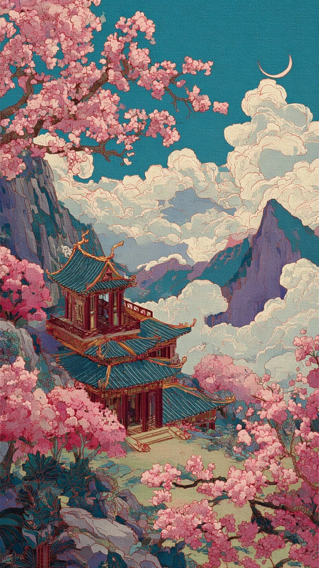 Chinese Ink Painting Cherry Blossom Landscape