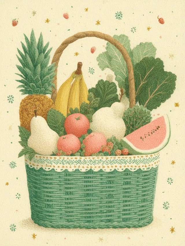 Whimsical Fruit and Vegetable Basket Illustration