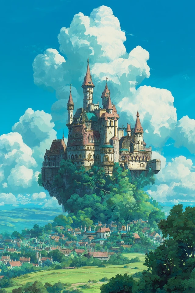 Floating Castle in Anime Style Ghibli Inspired