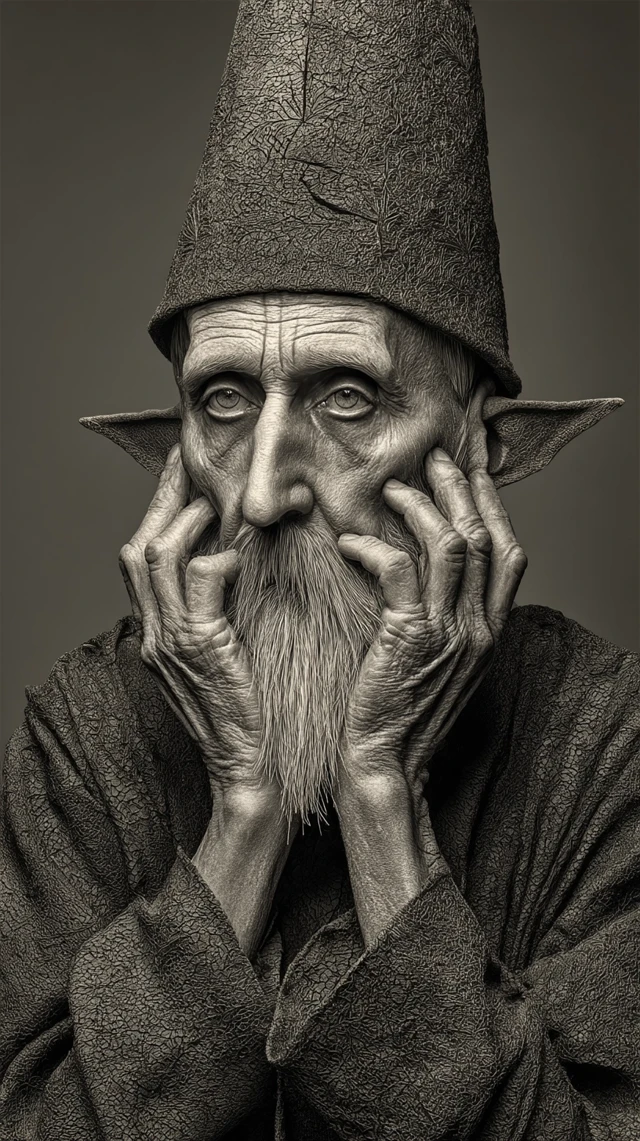 Elderly Gnome Portrait Dark Fantasy Beksinski Style