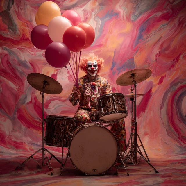 Psychedelic Clown Drummer with Balloons and Jazz