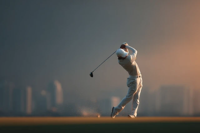 Asian Golfer Swinging Golf Club on Green Field Sunrise