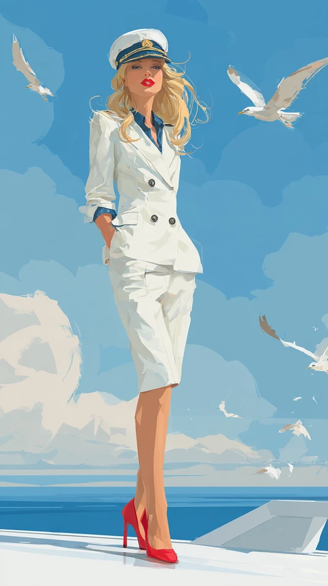 Sailor Girl Illustration: Blond Hair, Red Lipstick, Deck