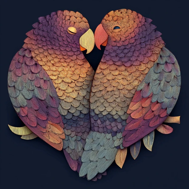 Klimt Style Parrots Kissing in Heart Cartoon Art