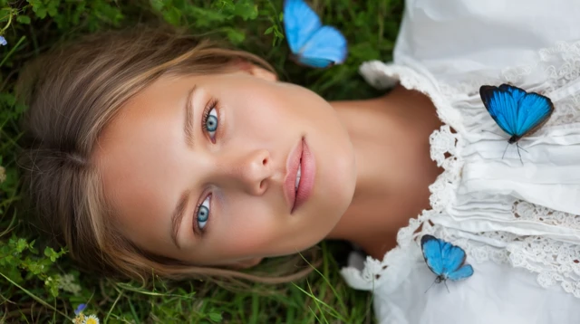 Woman in White Dress Relaxing in a Meadow with Butterflies