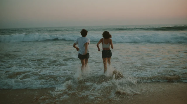 Couple Running into Beach Water Portugal Sunset