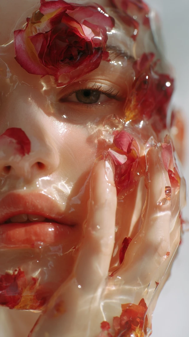 Woman Face With Roses in Viscous Substance