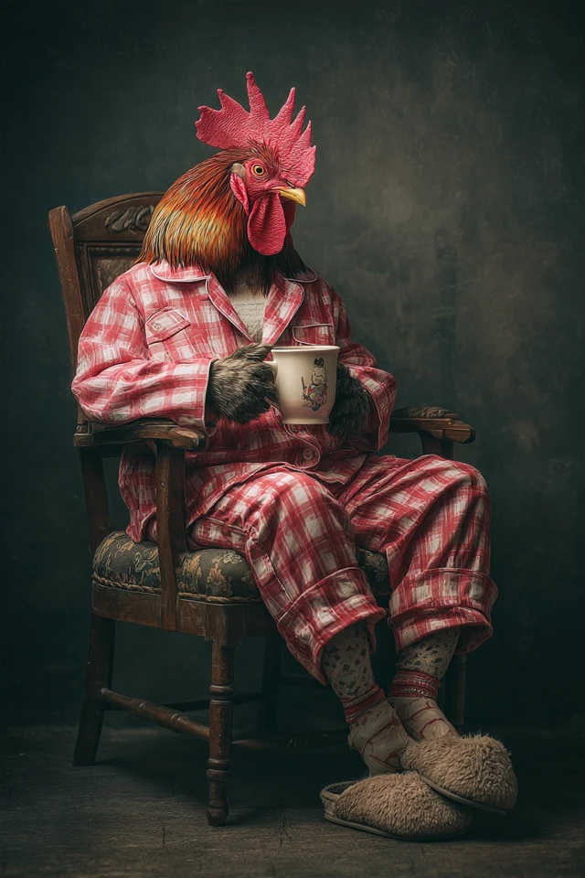 Cute Rooster in Pajamas with Coffee