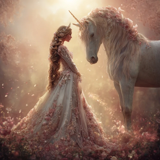 Woman and Unicorn in a Magical Meadow