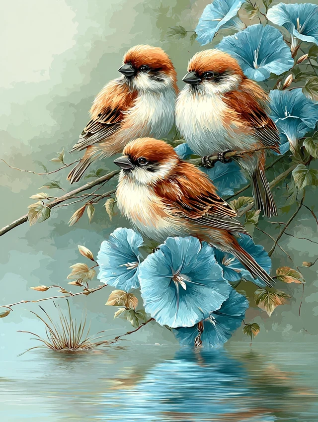Birds on Branch with Blue Flowers Painting