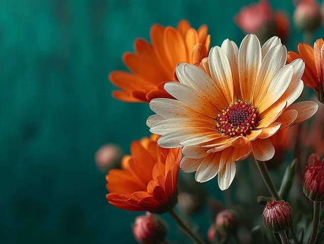 Orange and White Daisies on Green Background